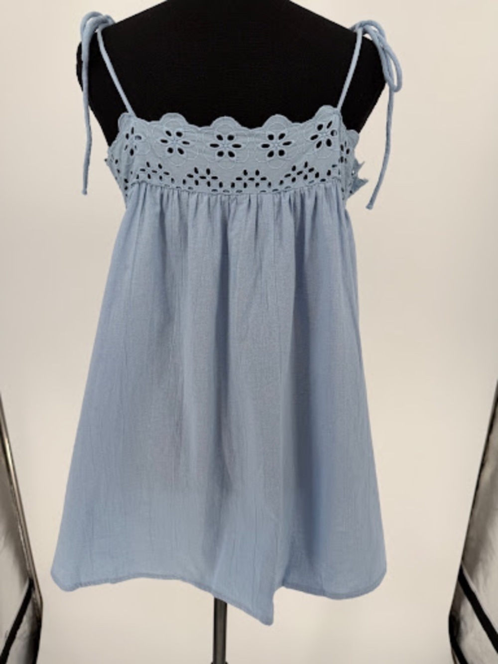 ASOS DESIGN Light‎ Blue Eyelet Broderie Tie Shoulder Babydoll Dress/Tunic S